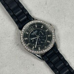 Fossil Watch Womens 37mm Pave Bezel Day Date Silver Tone Black Band New Battery